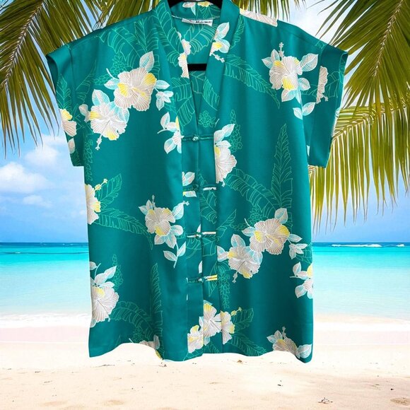 Holo Holo Vintage 70s Hawaiian Green Floral Knot Buttons Blouse Top - Picture 1 of 7